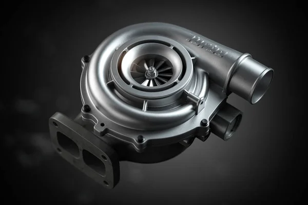 Car turbocharger on black background. Auto part turbo engine tec — Stock Photo, Image