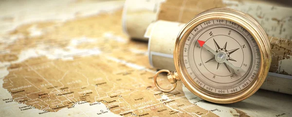 Kompas Staré Mapě Cestovní Geografie Navigace Dobrodružství Koncept Pozadí Ilustrace — Stock fotografie