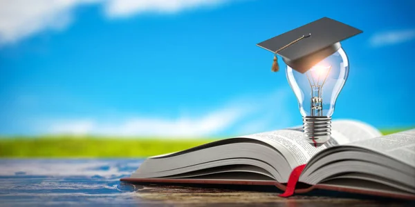 Libro Aperto Con Lampadina Tappo Graduato Sfondo Cielo Blu Istruzione — Foto Stock