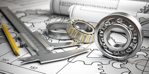 Подшипники с трамваем и карандашом на техническом рисунке. Инженерная, промышленная и производственная концепция. 3d иллюстрация
