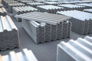 Çelik çinko ya da galvanize dalga şekilli çatı inşaatı için profil levhaları. 3d illüstrasyon