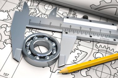 Teknik çizimlerde tramvay ve kurşun kalemle yükleme. Mühendislik, endüstriyel ve üretim konsepti. 3d illüstrasyon