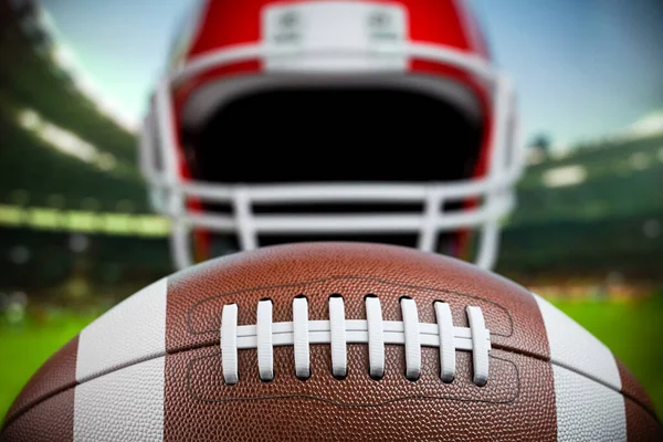 American Football Ball Und Helm Auf Der Fußballarena Oder Stadion — Stockfoto