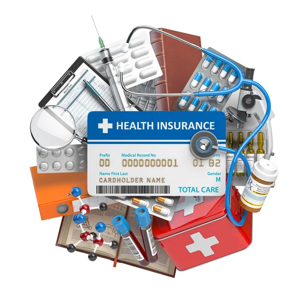 Sjukförsäkringskort Med Medicinska Förnödenheter Och Utrustning Piller Droger Och Första — Stockfoto