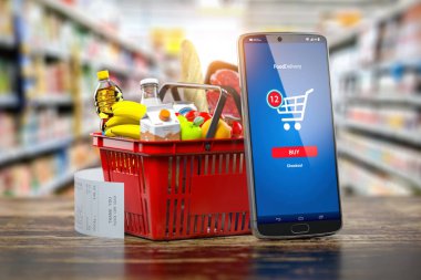 Taze yemek ve akıllı telefonla alışveriş sepeti. Market, yiyecek ve online alışveriş ve teslimat konsepti. 3d illüstrasyon