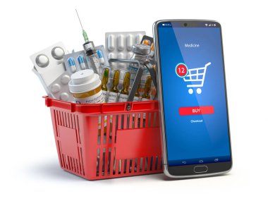 İnternetteki eczaneden ilaç almak için mobil servis ya da uygulama. Akıllı telefon ve ilaç dolu alışveriş sepeti. 3d illüstrasyon