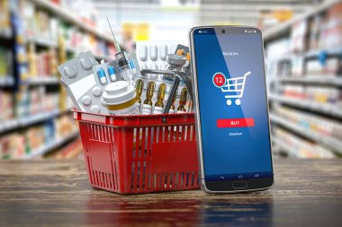 İnternetteki eczaneden ilaç almak için mobil servis ya da uygulama. Akıllı telefon ve ilaç dolu alışveriş sepeti. 3d illüstrasyon