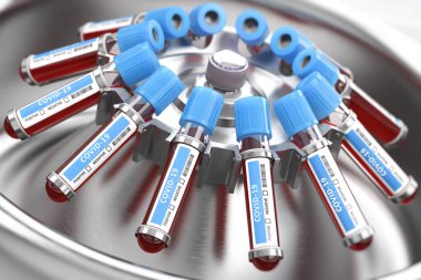 Coronavirus COVID 19 kan testi tüpleri santrifüjde. Teşhis tıbbi laboratuarı. 3d illüstrasyon