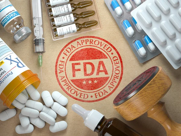 FDA konsepti onayladı. FDA ve ilaçlı lastik damga. 3d illüstrasyon