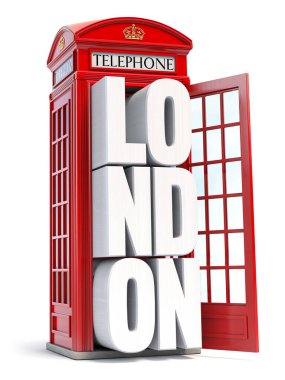 Londra 'nın beyaz arka planda izole edilmiş mesajları olan Red London telefon kulübesi. 3d illüstrasyon
