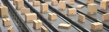 Taşıyıcı banttaki karton kutular. Üretim, depolama ve teslimat geçmişi. 3d illüstrasyon