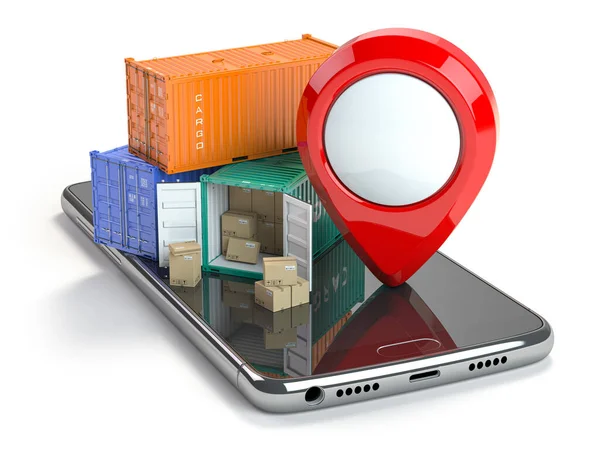 Smartphone Cargo Containers Pin Isolated White Delivery Service App Illustration — Stock Photo, Image