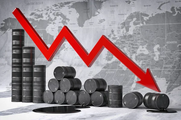 Кризис Нефтяной Нефтедобывающей Промышленности Нефтяные Бочки Падающий График Фоне Карты — стоковое фото