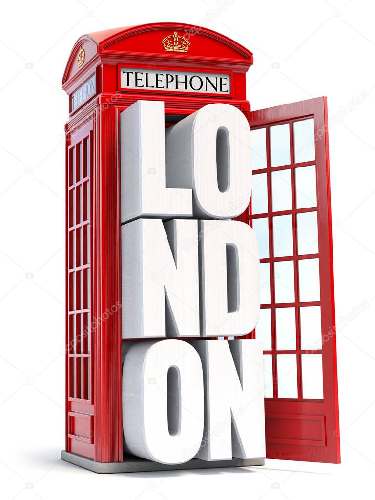 Red London telephone booth with text London isolated on white background. 3d illustration