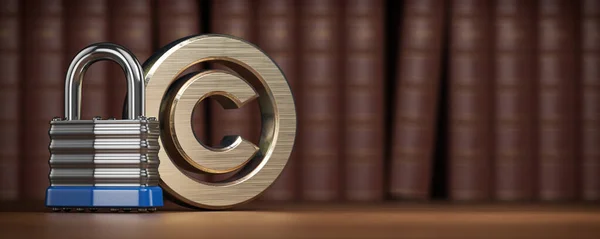 Copyright symbol with padlock on law books background. Intellectual property protection concept. 3d illustration