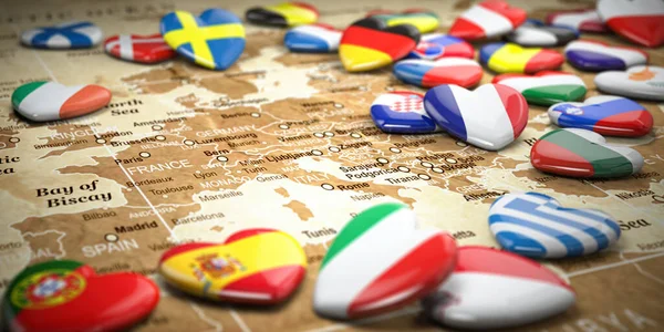 Mapa Europa Corações Com Bandeiras Países Europeus Viagens Turismo Para — Fotografia de Stock