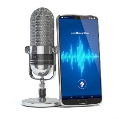 Ses tanıma konsepti. Mikrofon ve akıllı telefon veya ekranda dalgalar olan cep telefonu. 3d illüstrasyon