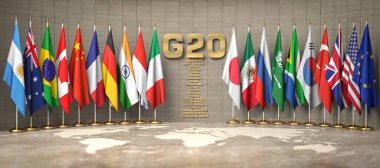 G20 zirvesi ya da toplantı konsepti. G20 Grubu 'nun bayraklarından ve konferans odasındaki ülkelerin listesinden. 3d illüstrasyon