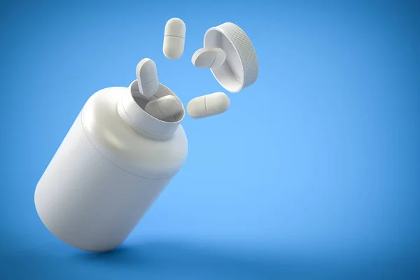Pillen Und Tablettenflasche Auf Blauem Hintergrund Mit Kopierplatz Rezeptpflichtige Medikamente — Stockfoto
