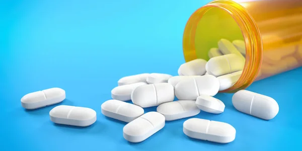 Pillen Oranje Pil Fles Blauwe Achtergrond Met Kopieerruimte Medicijnen Recept — Stockfoto