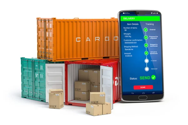 Smartphone Con Container Isolati Bianco Servizio Consegna App Illustrazione — Foto Stock