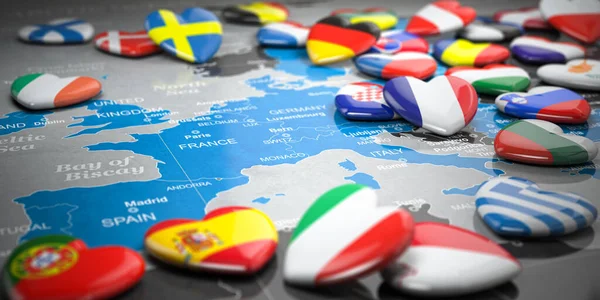 Map Europe Hearts Flags European Countries Travel Tourism European Union — Stock Photo, Image