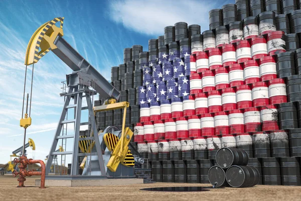 Oil production and extraction in USA. Oil pump jack and oil barrels with United States flag. 3d illustration