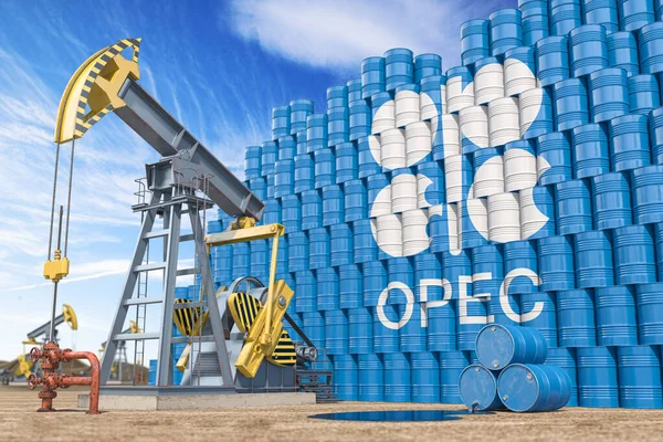 Petrol İhraç Eden Ülkeler OPEC Örgütü. Petrol pompası kriko ve OPEC bayraklı petrol varilleri. 3d illüstrasyon