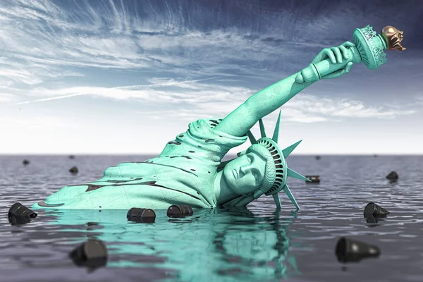 美国石油工业清脆 自由女神像在石油与桶 3D说明 — 图库照片