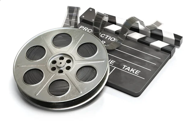 Carrete Película Con Tablero Aplausos Concepto Producción Vídeo Cine Cine — Foto de Stock