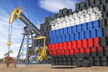 Rusya 'da petrol üretimi ve çıkarma. Petrol pompası kriko ve Rus bayrağı taşıyan petrol varilleri. 3d illüstrasyon