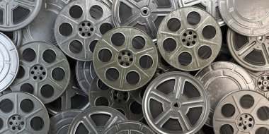 Film reels and cans. Video, movie, cinema concept. 3d illustration clipart
