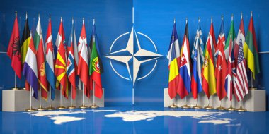 NATO mu? Kuzey Atlantik Antlaşma Örgütü üyelerinin bayrakları ve NATO sembolleri. 3d illüstrasyon