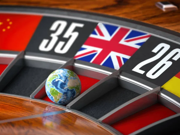 英語の概念を学ぶ 英国とカジノのルーレットのボールとしての地球優勝番号でグレートバティンフラグ 3Dイラスト — ストック写真