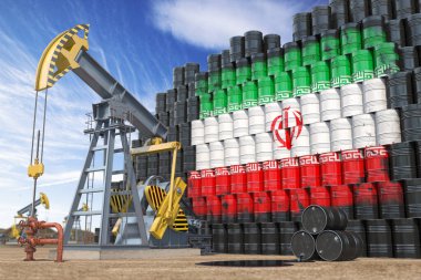 İran 'da petrol üretimi ve çıkarılması. Petrol pompası kriko ve İran bayraklı petrol varilleri. 3d illüstrasyon
