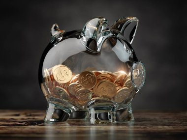 Altın sikkeli domuz kumbarası. Finansal yatırım, tasarruf ve aile bütçesi kavramı. 3d illüstrasyon