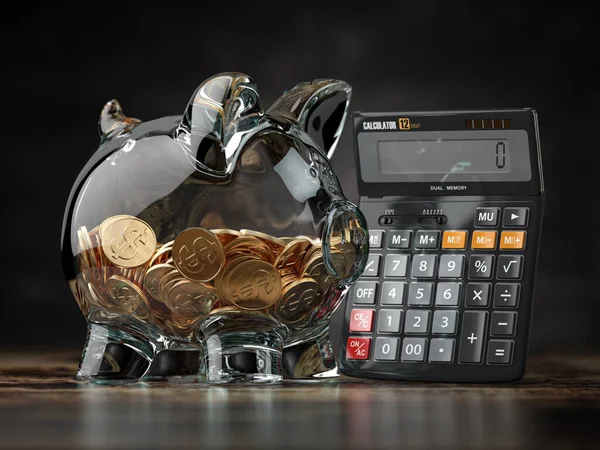 Εξοικονόμηση Επενδύσεις Αριθμομηχανή Πιστώσεων Και Λογιστική Οικονομική Έννοια Piggybank Αριθμομηχανή — Φωτογραφία Αρχείου