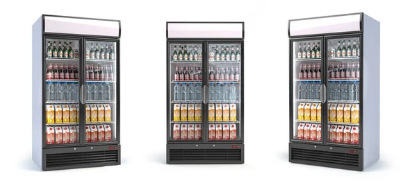 Холодильник Напоями Ізольовано Білому Набір Вітринних Холодильників Водою Пиво Над — стокове фото
