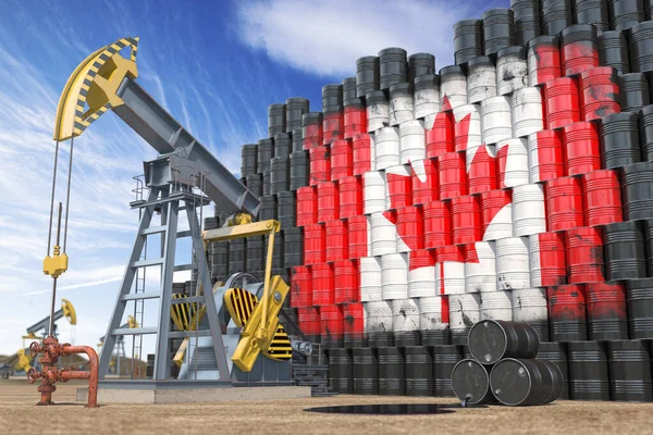 Oil production and extraction in Canada. Oil pump jack and oil barrels with UCanadian flag. 3d illustration