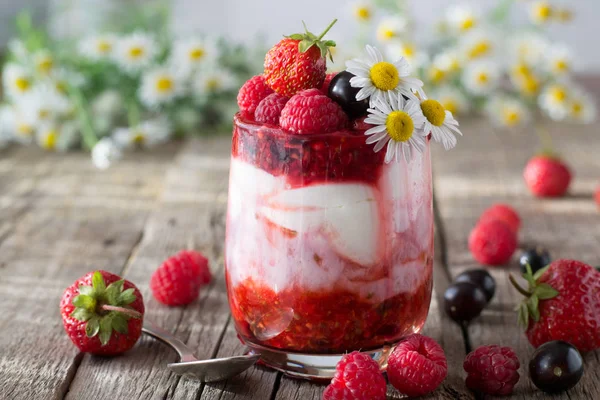 Yogurt con fragola, lampone e corrente nera — Foto Stock