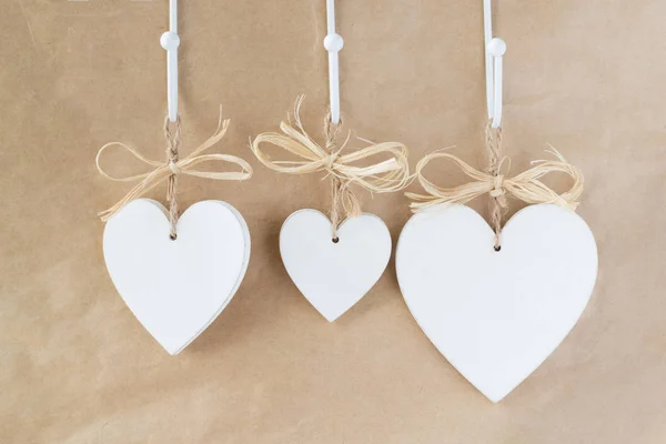 Wooden White Decorative Hearts Hang — Stock Photo, Image