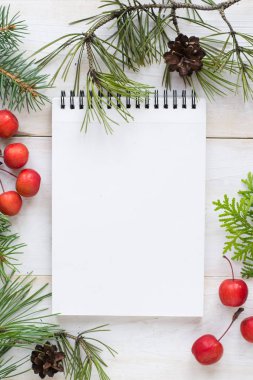 Kağıt kartla Noel ağacı dallarından yapılmış yaratıcı bir düzen. Düz yatıyordu. Doğa Yeni Yıl Konsepti.