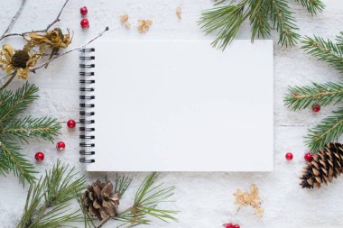 Köknar ağacı dalları, defter, ahşap arka planda kırmızı böğürtlen