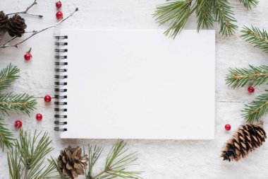 Not defteri, köknar ağaçları, çamlar, koniler ve kırmızı böğürtlenler.