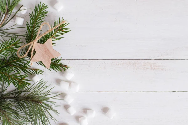 Christmas Tree Branches Star Marshmallows White Wooden Background — Stock Photo, Image