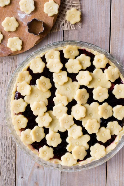 Blueberries Jam Pie Decorated Flower Cookies Wooden Table Baking — Stock Photo, Image