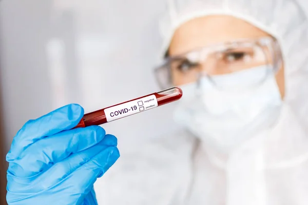 Covid Coronavirus Infected Blood Tube Hand Scientist Female Doctor Biohazard — Stock Photo, Image