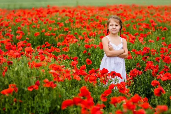 Roztomilé Dítě Dívka Makové Pole — Stock fotografie