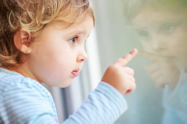 Covid Lockdowns Sad Children Looking Window Quarantine Home Kids Feeling — Stock Photo, Image