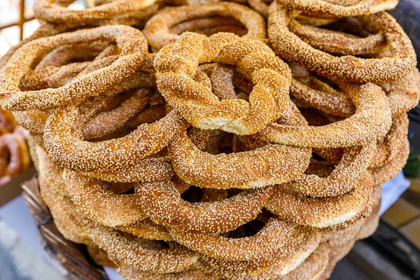 Koulouri Bagels Redondos Crocantes Gregos Tradicionais Com Sésamo Perto Fotografia De Stock